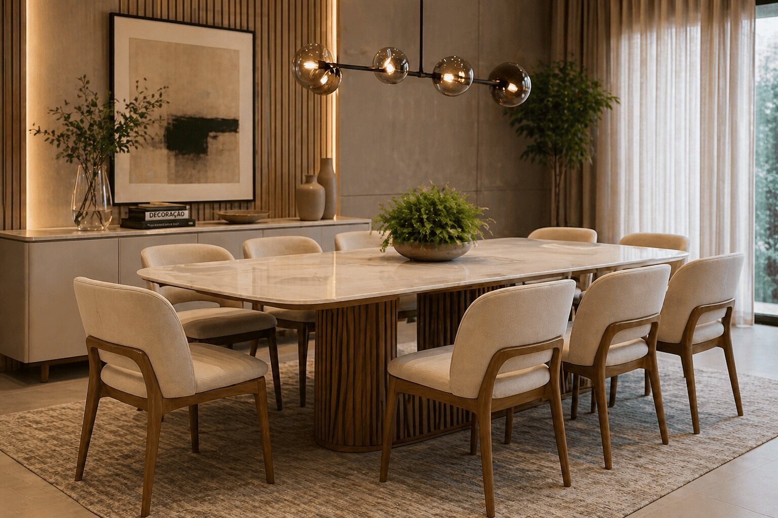 Mesa de jantar moderna com cadeiras estofadas em ambiente elegante e iluminação aconchegante